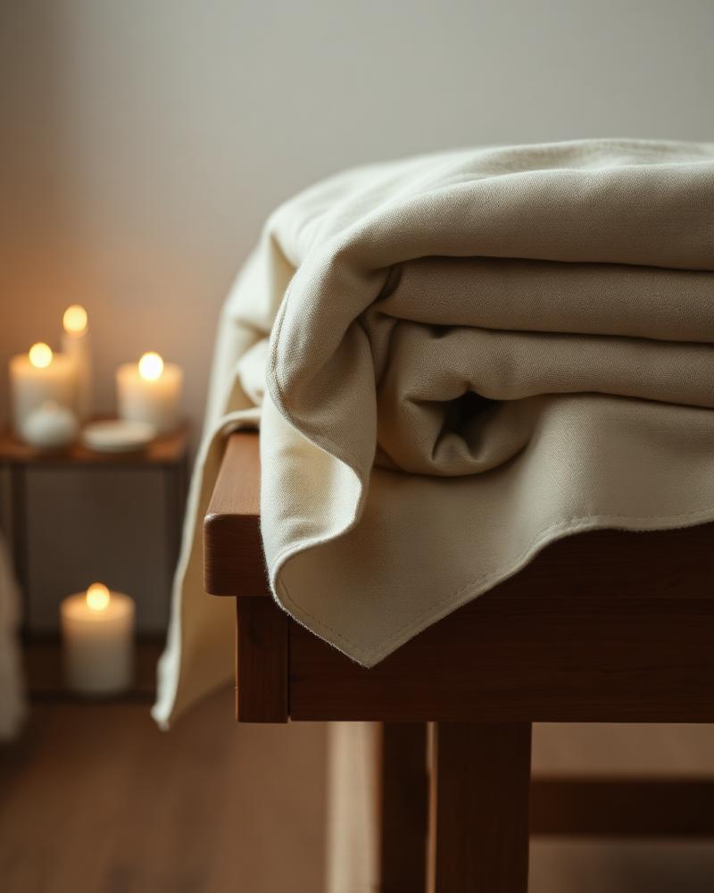 Folded linen on a treatment table by candlelight